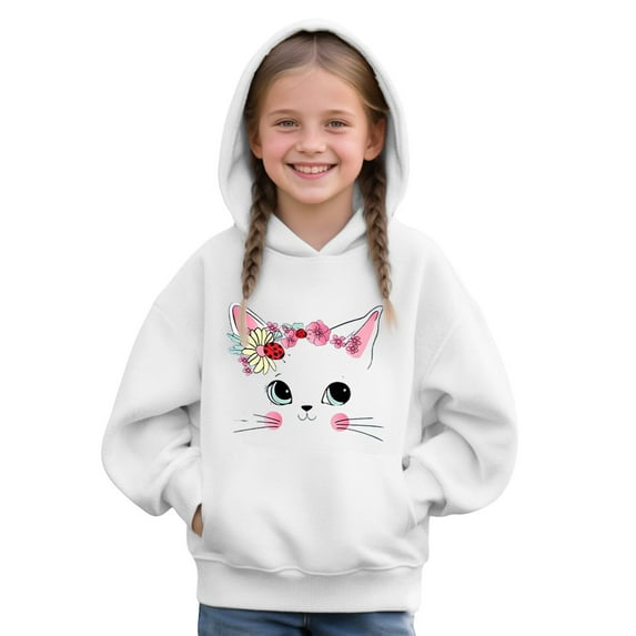 Mercatoo Kids Cute Cat Print Hoodies Trendy P𝐫eppy 𝐘2k Solid Hooded Sweatshirts Long Sleeve Casual Clothes with Pokets