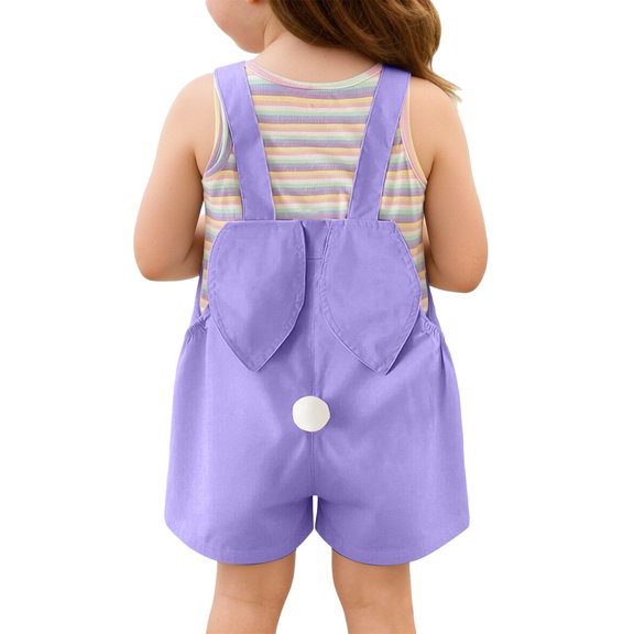 Mercatoo Kids Easter Outfits Girls 2 Piece Striped Tank Tops Bunny Overall Shorts with Pom Po1 Tail Toddler Cute Trendy Clothes Baby Comfy Rabb1t Casual Clothes Set