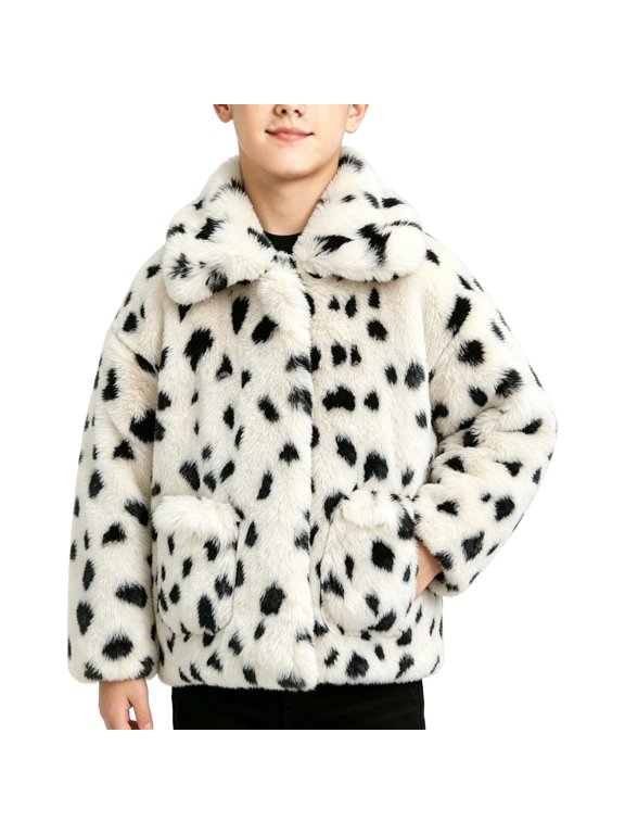 Kids Faux Fur Winter Coat, Boys Girls Spotted Plush Jacket, Lapel Collar Warm Fleece Outerwear with Pockets, Thick Soft Furry Coat for Cold Weather Daily Wear