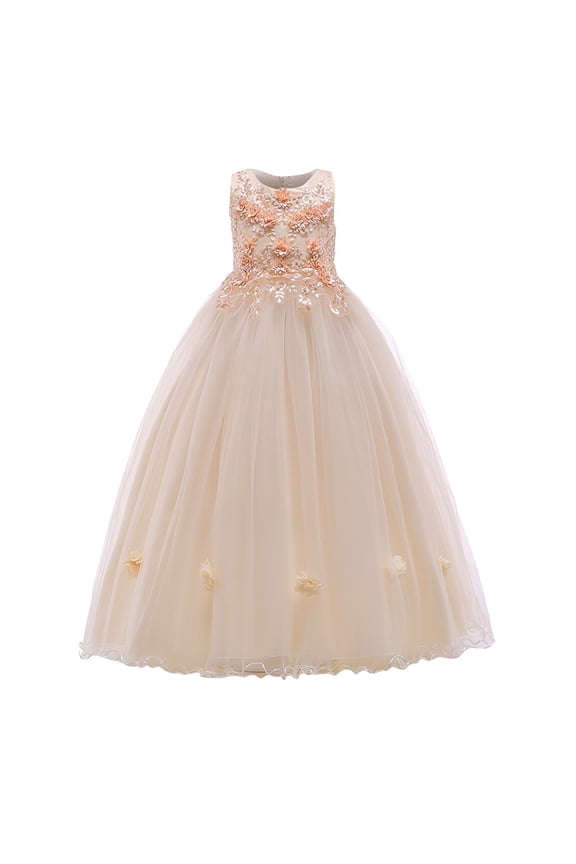 Kids Girl Flower Solid Princess Pageant Gown Party Wedding Long Evening Dress