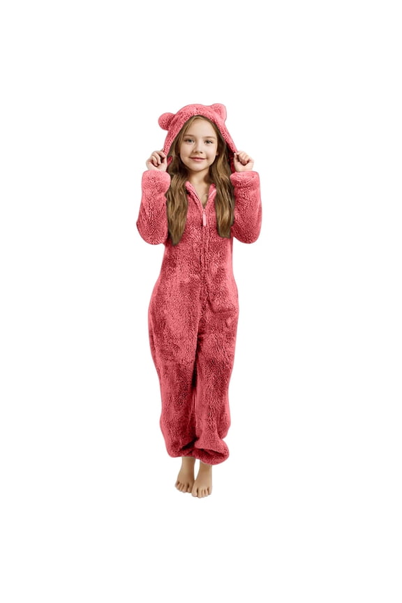 Kids Girl's Fuzzy Onesi𝐞 Fleece Warm Zipper Hooded Jumpsuit Sherp𝐚 Rompe𝐫 One Piece Animal Outfit Soft Plush Snowsuit Winter