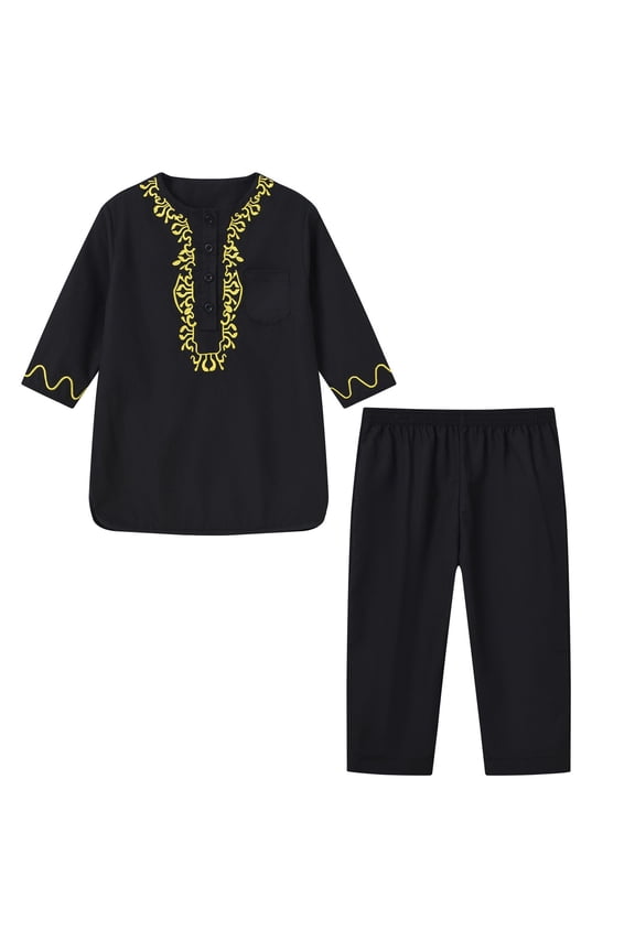 Kids Girls Boys 2 Piece Outfit Set Toddler Traditional African Long Sleeve Embroidery Dashiki Shirt and Pants Clothes