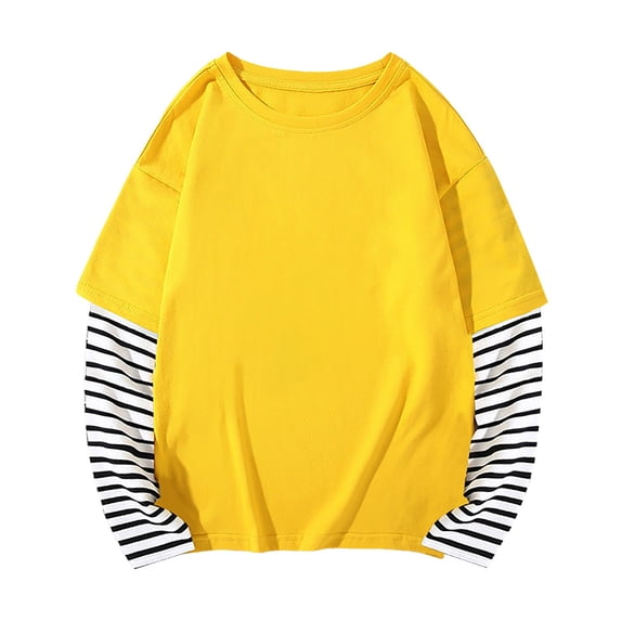 Mercatoo Kids Girls Boys Cotton 2 in 1 Tops Unisex Baggy Striped Long Sleeve Crew Neck Shirts Autumn Comfy Breathable Tees