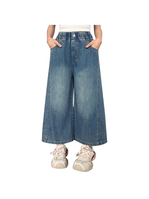 Kids Girls Boys Wide Leg Jeans Elastic Waist Light Wash Denim Pants Loose Fit Casual Trousers with Pockets Y2K Streetwear Back to School Outfits
