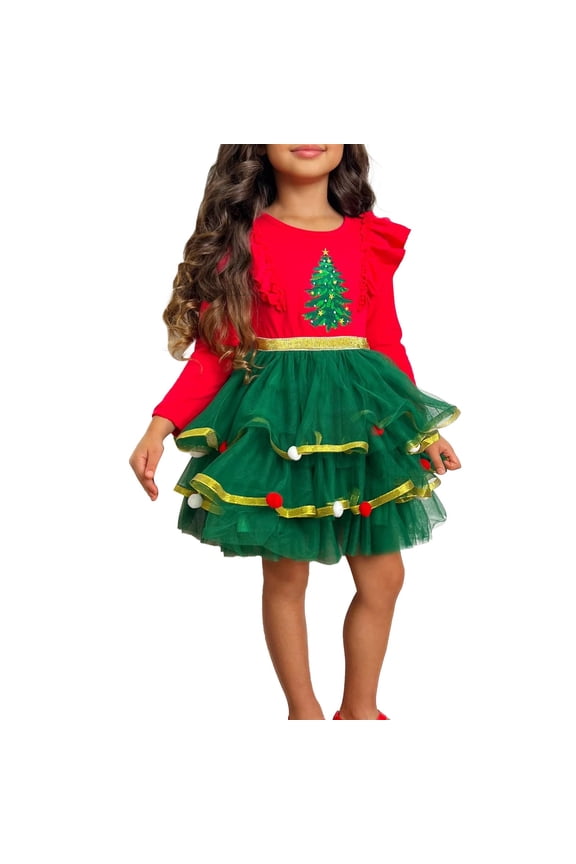 Kids Girls Christmas Dress Xmas Ruffle Long Sleeve High Waist Sequin Layered Tutu Tulle Dress Toddler Tree Dresses
