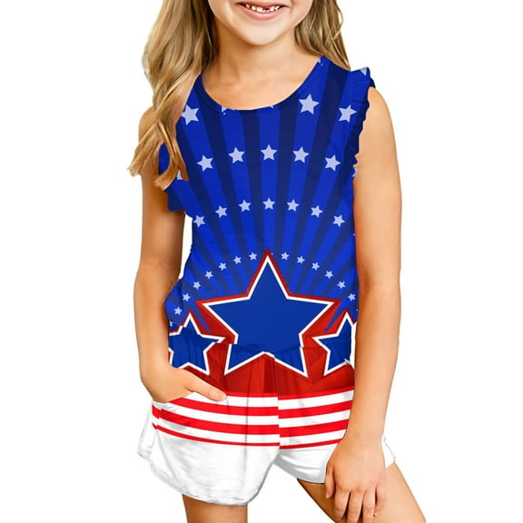 Mercatoo Kids Girls Clothes Set Prints Sleeveless Independence Day Strap Vest T Shirt Tops and Shorts Little Girl Outfits