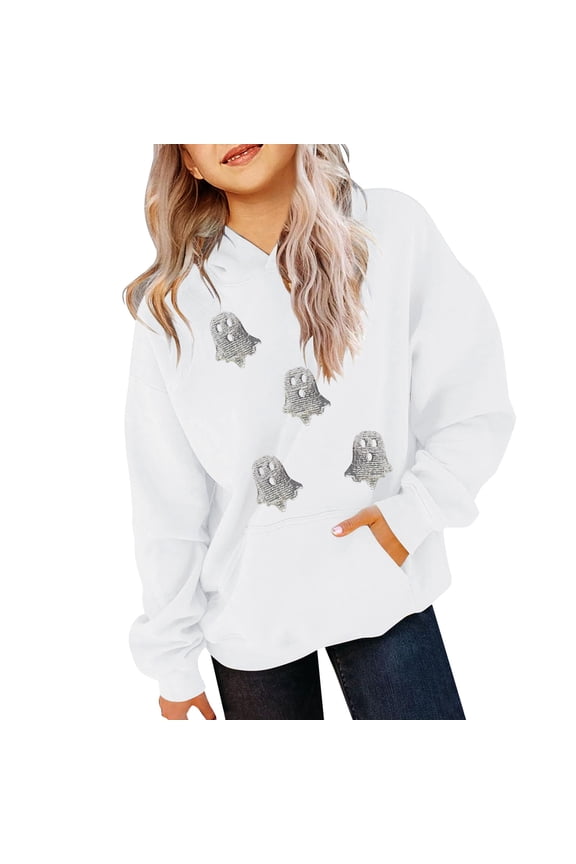 Kids Girls Cute Print 𝗛oodie Halloween Long Sleeve Hooded Loose Comfortable Sweatshirt with Pocket Fall Top