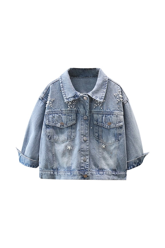Kids Girls Denim Jacket Long Sleeve Lapel Button Down Pearl š„hinestone Coat Casual Loose Outwear with Pocket