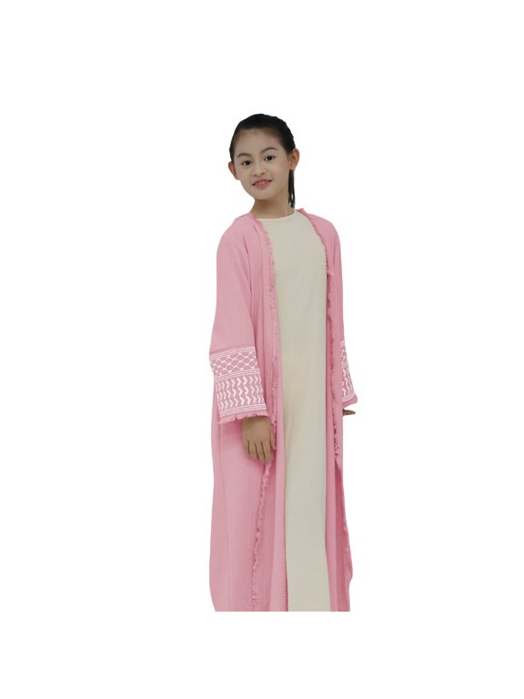 Kids Girls Embroidered Muslim Dress Abaya Open Front Cardigan Modest Dress Cotton Linen Long Sleeve Eid Robe Prayer Clothes
