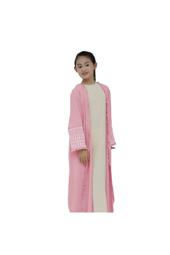Kids Girls Embroidered Muslim Dress Abaya Open Front Cardigan Modest Dress Cotton Linen Long Sleeve Eid Robe Prayer Clothes