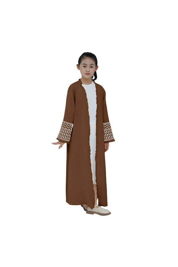 Kids Girls Embroidered Muslim Dress Abaya Open Front Cardigan Modest Dress Cotton Linen Long Sleeve Eid Robe Prayer Clothes