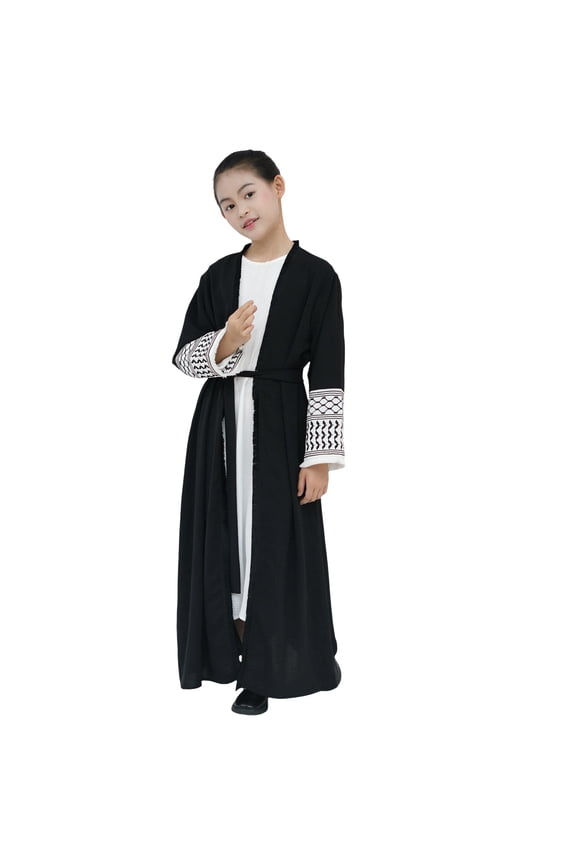 Kids Girls Embroidered Muslim Dress Abaya Open Front Cardigan Modest Dress Cotton Linen Long Sleeve Eid Robe Prayer Clothes
