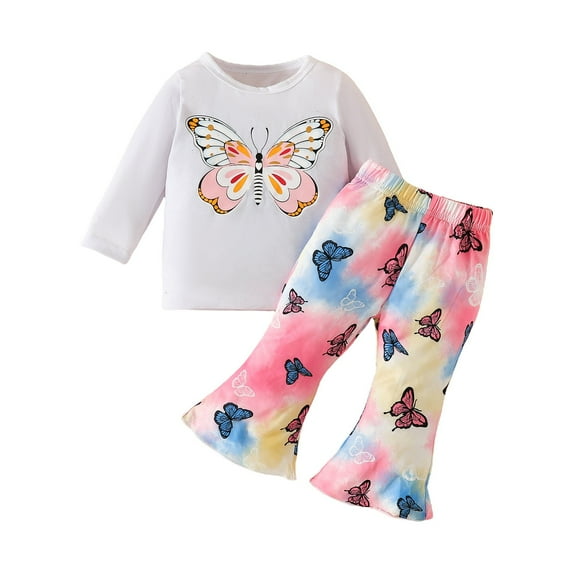Mercatoo Kids Girls Fall Outfits Long Sleeve Butterfly Print Tops Tie Dye Pantsuit for 1 to 3 Years Baby Girls Clothes Set