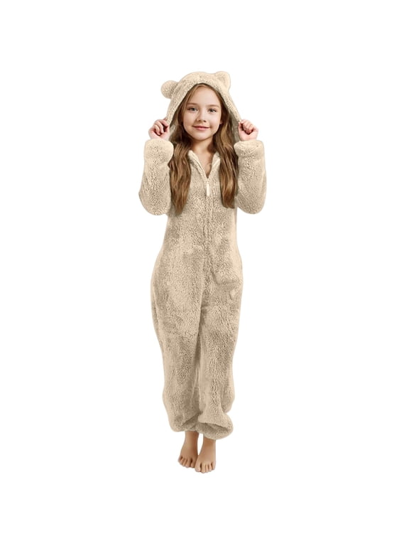 Kids Girls Fuzzy Bear Onesie Pajamas, Full Zip Hooded Jumpsuit with Kangaroo Pocket, Soft Warm Sleepwear for Winter and Cool Weather