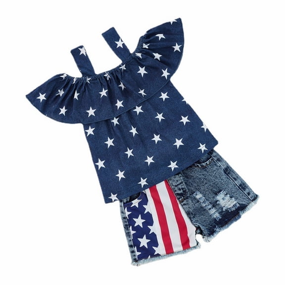 Mercatoo Kids Girls Independence Day Suit Summer Girls Star Camisole and Denim Shorts 2 𝐏iece Set Toddler Casual Outfit
