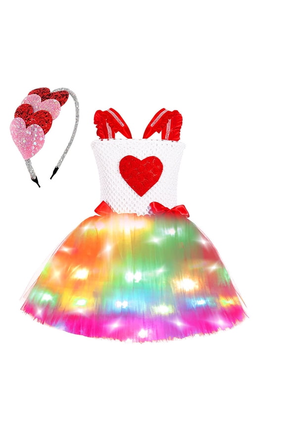 Kids Girls Love Bow Dress Sequin Heart Dress Princess Dress with LED Lights for 𝐕alentine's Day Birthday P𝐚rty