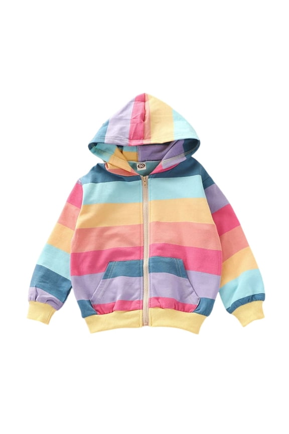 Kids Girls Rainbow Striped Hoodies Cute Zip Up 𝐇ooded Jackets Long Sleeve Cotton Fall Winter Trendy Hoodie Pocket