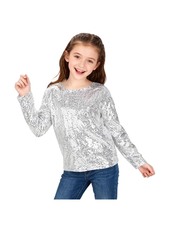 Kids Girls Sparkle Long Sleeve Top, Shiny Sequin Crew Neck Shirt, Glamorous Party Wear for Christmas and New Year Celebrations