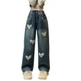 thumbnail image 1 of Mercatoo Kids Girls Stylish Heart Embroidery Jeans Baggy Elastic High Waist Straight Denim Pants Junior Girls Cute Loose Trousers, 1 of 7