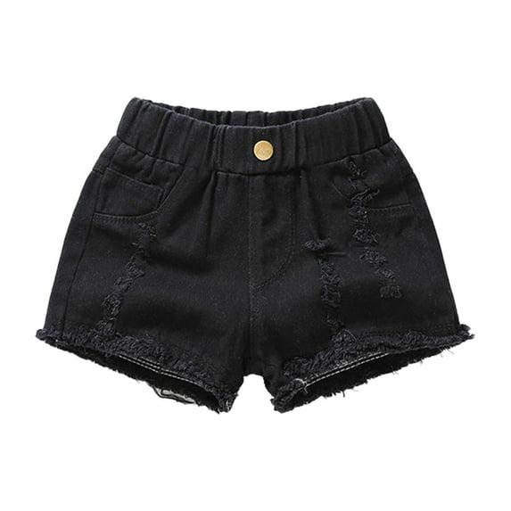 Mercatoo Kids Denim Shorts with Pocket Girls Solid Color High Waist Elastic Ripped Jeans Girls Outdoor Casual Clothes