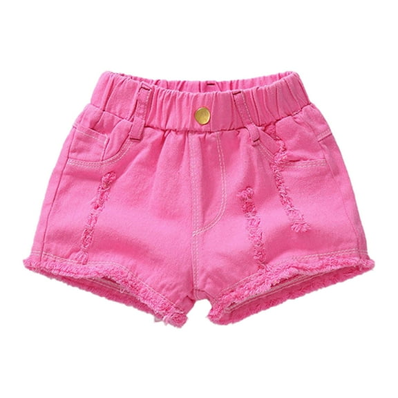 Mercatoo Kids Denim Shorts with Pocket Girls Solid Color High Waist Elastic Ripped Jeans Girls Outdoor Casual Clothes