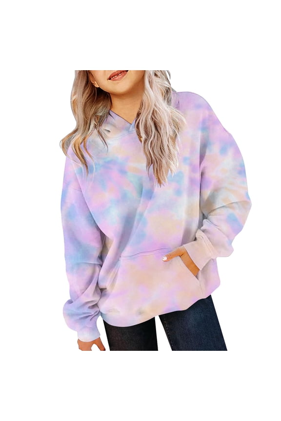 Kids Girls Tie Dye Hooded Sweatshirt Front Pocket Pullover Long Sleeve Tops Comfy Soft Outwear for Junior Girls