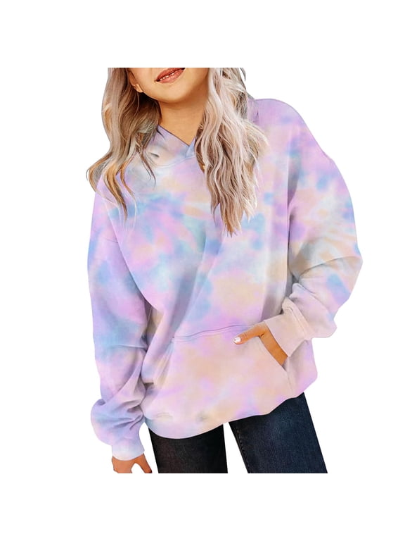 Kids Girls Tie Dye Hooded Sweatshirt Front Pocket Pullover Long Sleeve Tops Comfy Soft Outwear for Junior Girls