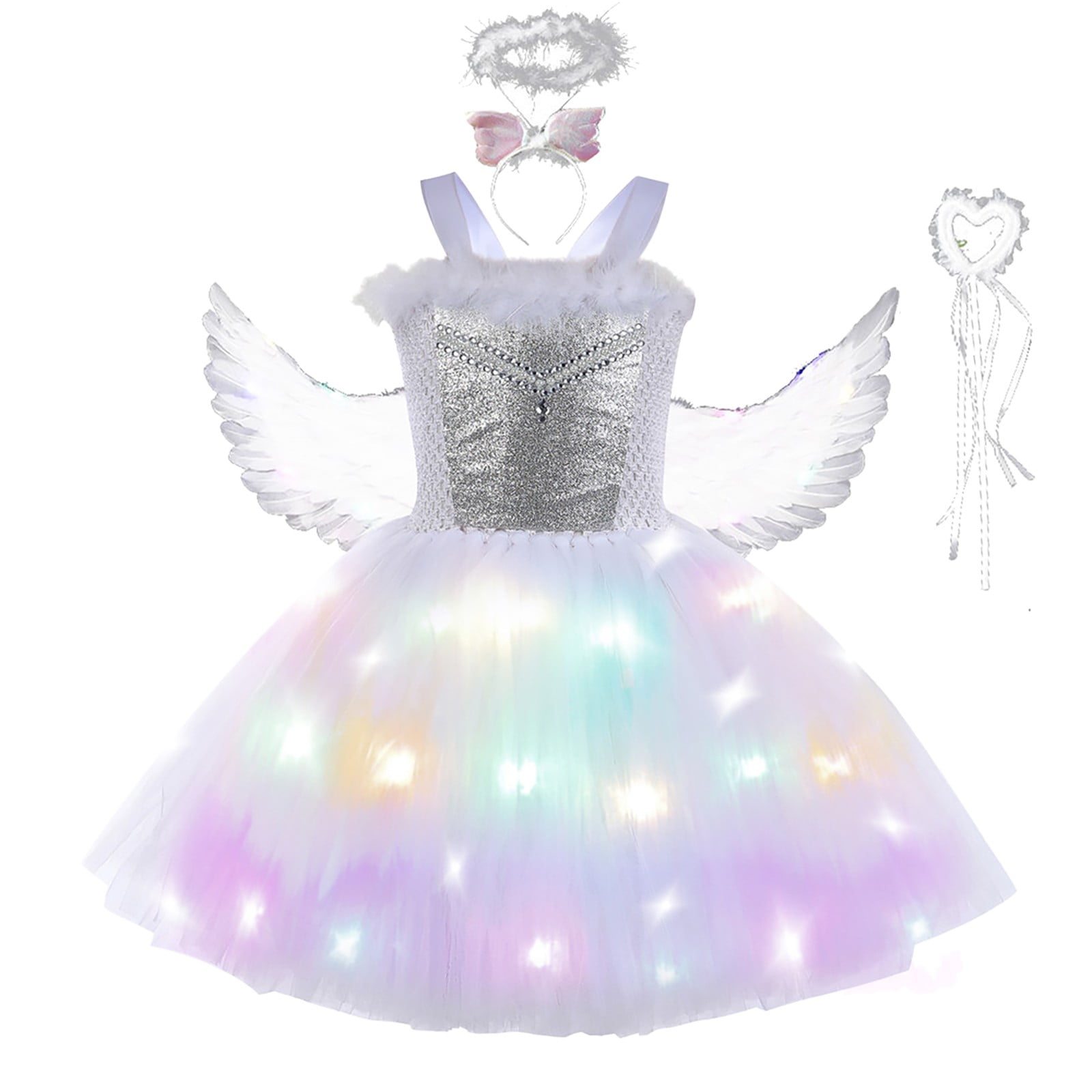 Mercatoo Kids Girls 𝐕alentine's Day Princess Dress Light Up Tutus LED Lights Stage Show 𝐂ostume with Wing Set Birthday Dress