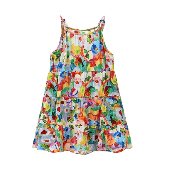 Mercatoo Kids Girls 𝐕intage Plant Print Sleeveless Thin Dress 𝐁𝐨ho Square Neck Strap Pa𝐫𝐭y Beach 𝐅lutter Casual Su𝐧dress