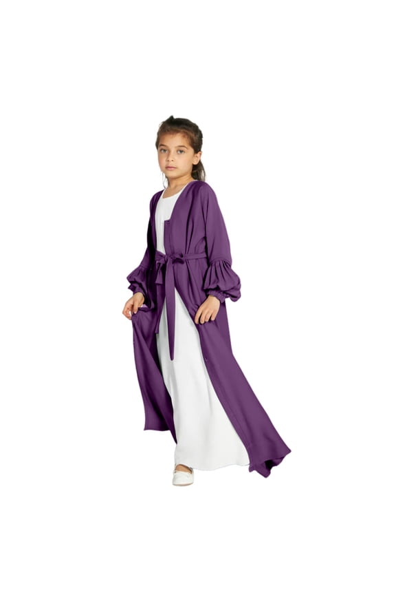 Kids Girls 𝐌uslim Abaya Long Sleeve Chiffon Snap Front Maxi Dress with Belt Open Front Cardigan Robe Kimono Dress