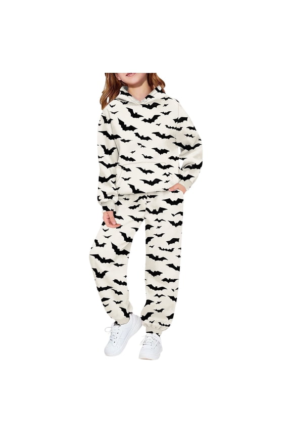 Kids Gothic Flor11 Tracksui1 Set Hooded Sweatshirt Joggers 2-Piece Outfit with Vintag1 Bat Print, Girls Halloween Wear