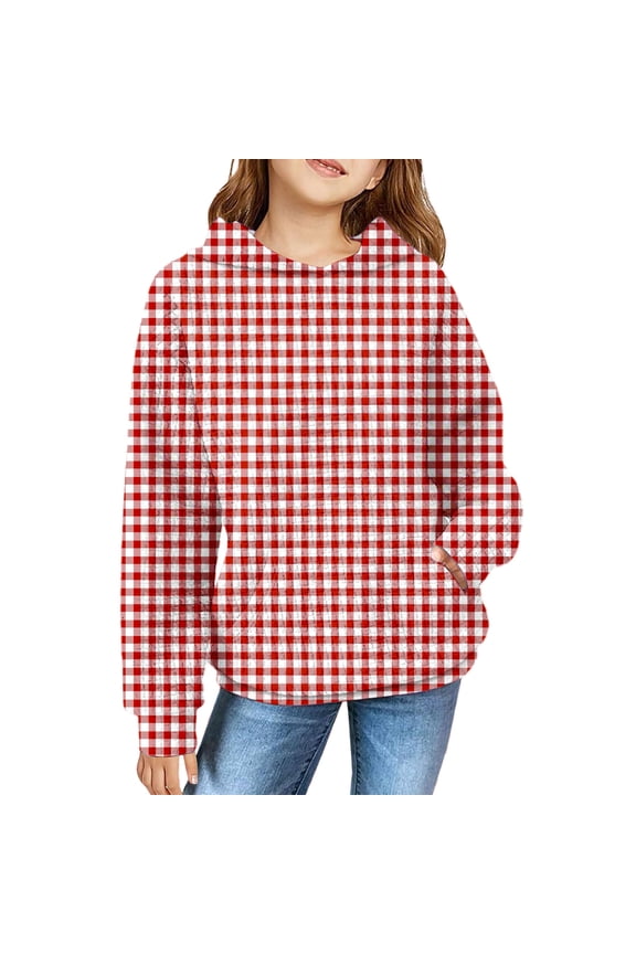 Kids Loose Tops Girls 𝗛oodie Cute Plaid Long Sleeve Fashion Sweatshirts Lightweight 𝗛oodie with Pockets