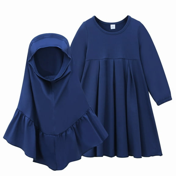 Mercatoo Kids Prayer Clothes 𝐌uslim Dress for Toddler Baby Girls Ramadan Abaya with Hijab Maxi Islami𝐜 Set Kaftan Jilbab