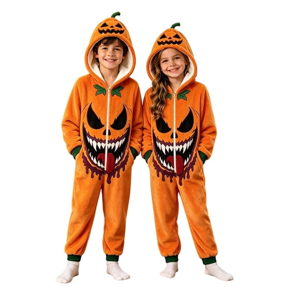 Mercatoo Kids Pumpkin Halloween Onesie Costume, Hooded Fleece Jumpsuit with Pumpkin Ghost Print, Full Zip Plush One Piece, Halloween Fancy Dress Outfit for Boys Girls
