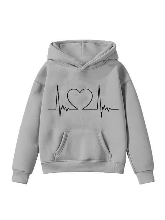 Kids School Group Sweatshirt Style Baseball Girl's Fall/Winter Valentine's Day EKG Printed Hooded Jacket