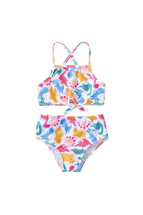 Kids Swimsuits Summer Toddler Girls Bowknot Cartoon Dinosaur Prints 2 Piece Crossback Swimwear Swimsuit Bikini Set