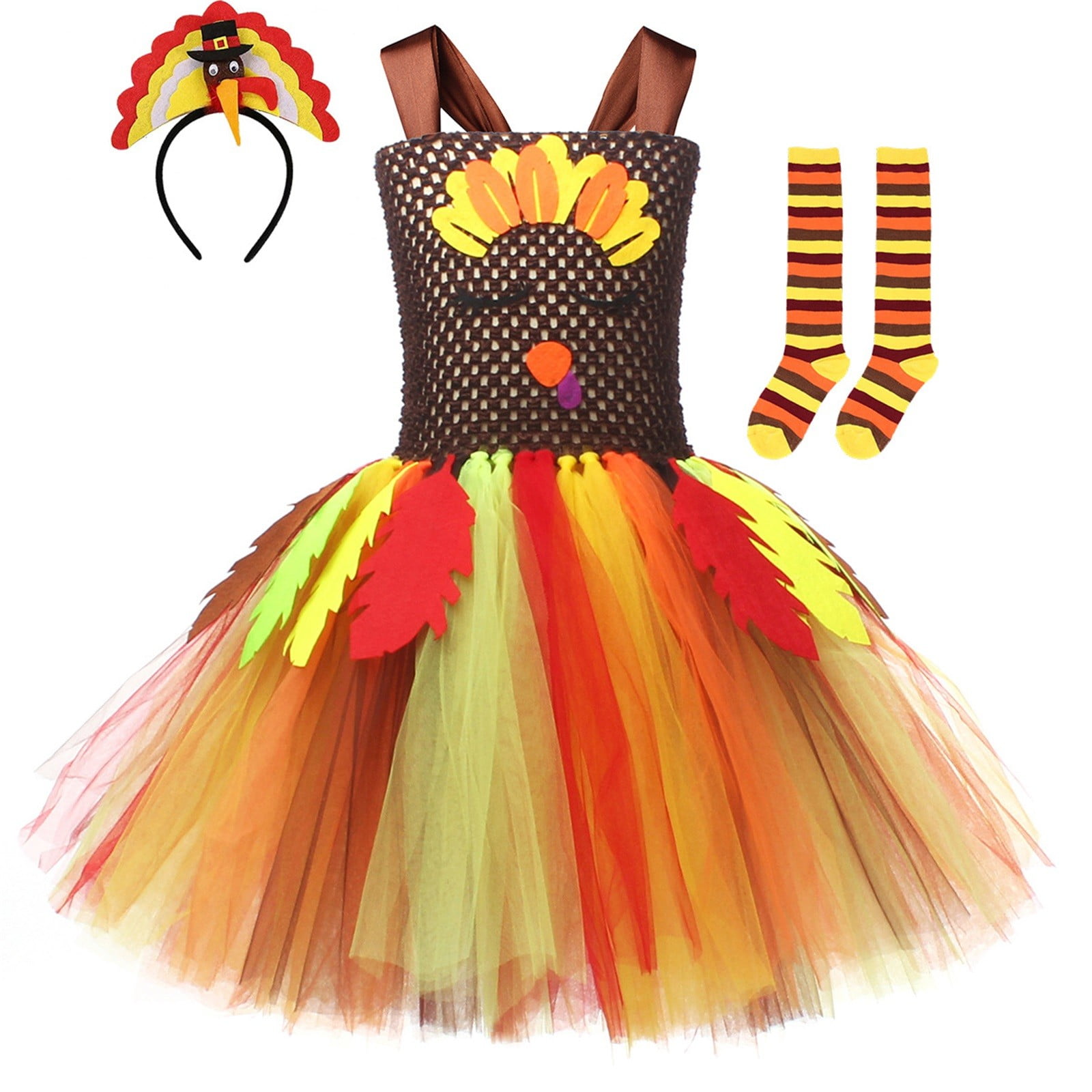 Ensemble Thanksgiving Bébé Fille 3-24 Mois - Body Manches Longues + Jupe Tutu + Bandeau - Imprimé Dessin Animé Mignon
