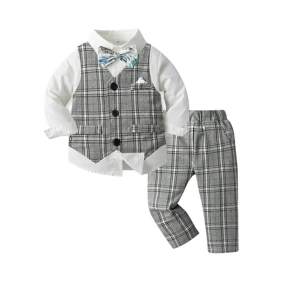 Mercatoo Kids Toddler Boy 3PCS Gentleman Suit Outfits 𝐍ewborn Long Sleeved Bow Tie Lapel Collar Shirt Solid Color Vest Pants Sets