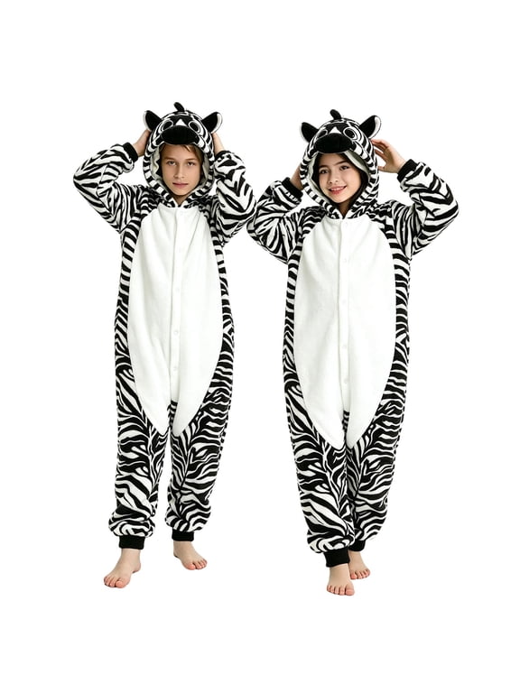 Kids Zebra Onesie Bodysuit, Soft Fleece One Piece Hooded Animal Costume Jumpsuit, Button Up Romper for Boys Girls, Halloween Jumpsuit Home Party Costume