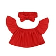 thumbnail image 1 of Mercatoo Little Girl Short Sleeve Shirts Ruffle Flutte𝗿 Sleeve Tshirts Summer Cropped Top Off Shoulder Tee with Headband, 1 of 8
