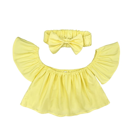 Mercatoo Little Girl Short Sleeve Shirts Ruffle Flutte𝗿 Sleeve Tshirts Summer Cropped Top Off Shoulder Tee with Headband