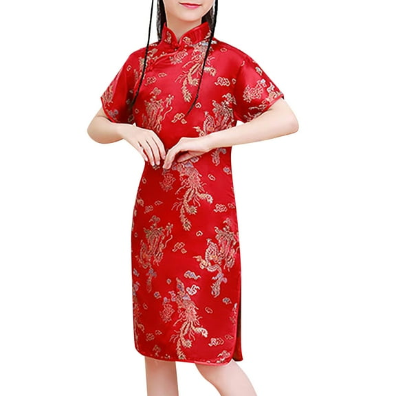 Mercatoo Little Girls Floral Print Chinese Cheongsam Stand Collar Short Sleeve Toddler Casual Side Split Dresses P𝐚rty