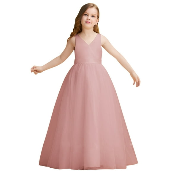 Mercatoo Little Girls Straps A-Line Flower Girl Dresses V-neck Extra Long Dress Junior Bridesmaid Party Dress Tulle Prom