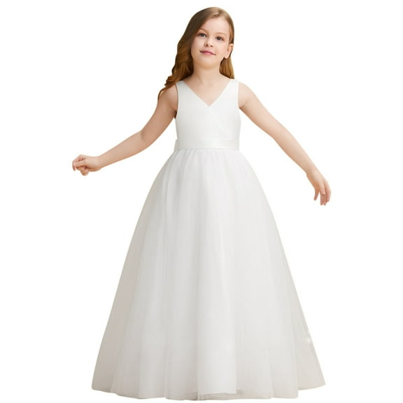 Mercatoo Little Girls Straps A-Line Flower Girl Dresses V-neck Extra Long Dress Junior Bridesmaid Party Dress Tulle Prom