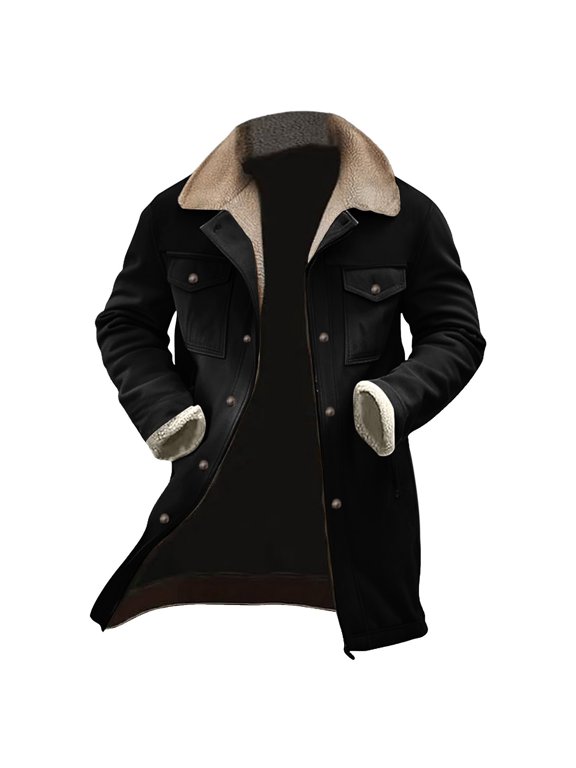 Men's Fleece Lined Thickened Casual Warm Outdoor Multi Pocket Mid Length Coat Men's Zipper Button Jacket Friends Coat