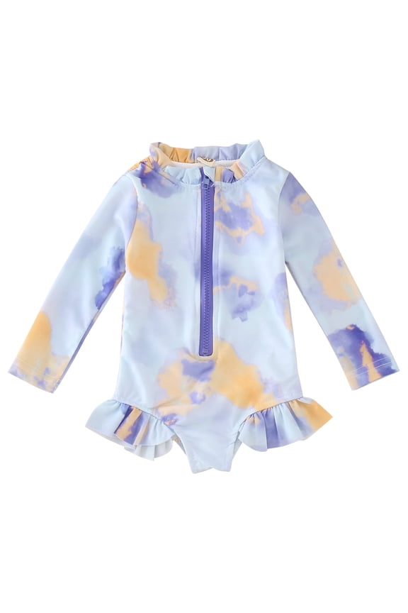 Baby Toddler Girl Long Sleeve Ruffle Swimsuit 𝐎ne-𝐏iece Zipper Rash Guard Bathing Suit Girls Sun 𝐏rotection Swimwear