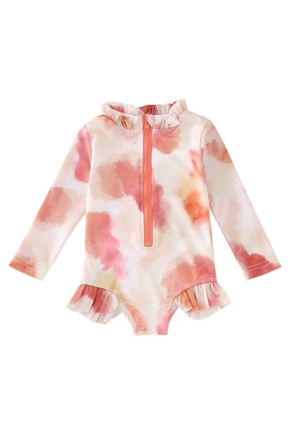 Baby Toddler Girl Long Sleeve Ruffle Swimsuit 𝐎ne-𝐏iece Zipper Rash Guard Bathing Suit Girls Sun 𝐏rotection Swimwear