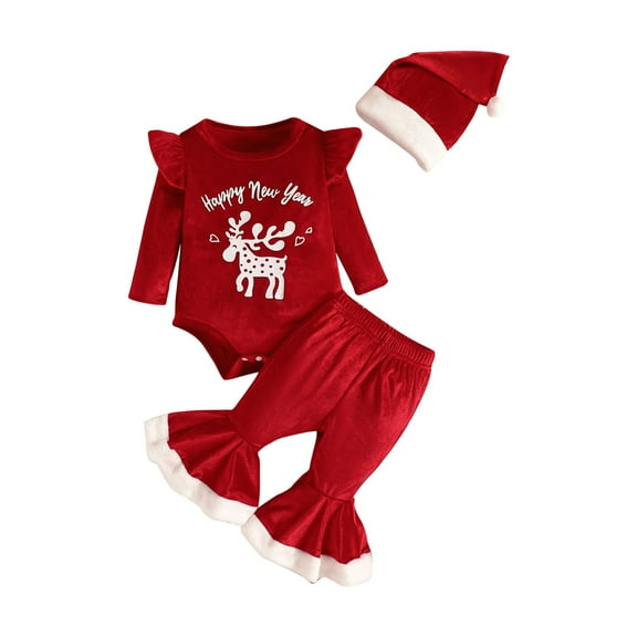 Mercatoo My 1st Christmas Outfit Baby Girl Santa Long Sleeve Romper Top Flare Pants Hat Red Velvet Xmas Clothes 3Pcs