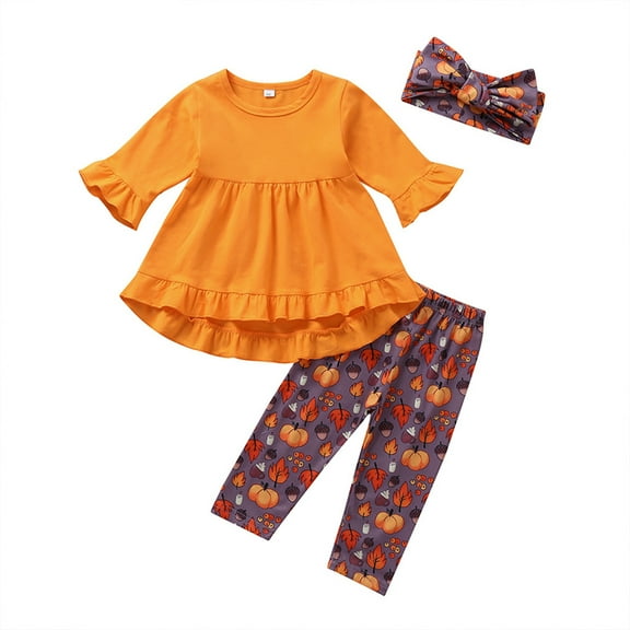 Mercatoo My 1st Halloween Baby Girl Outfits Ruffle Long Sleeves Shirt Pumpkin Print Pants 3Pcs Fall Winter Clothes Set