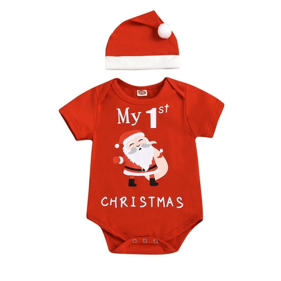 Mercatoo My First Christmas Baby Girl Boy Christmas Outfit Newborn Short Sleeve Romper Letter Print Bodysuit Xmas Hat Clothes